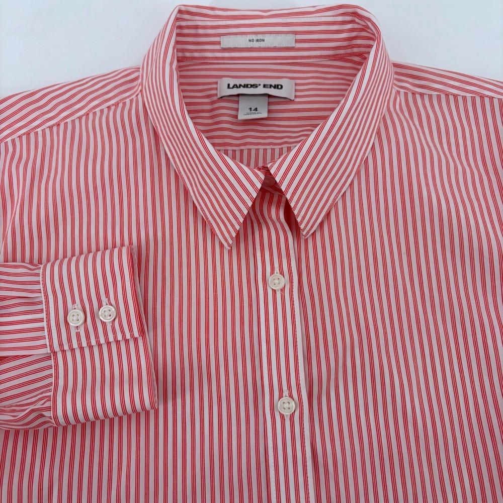 Lands End Women 14 Red White Striped No Iron Cotton Button Down Shirt LS